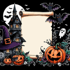 Vintage Halloween Invitation Card Illustration. Celebration Ads Flyer Design, Party Invite event Template, Watercolor Spooky Frame Pumpkins, cartoon Ghosts, Haunted House, festival 