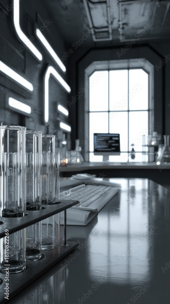 Poster modern laboratory setup with glass test tubes and computer on sleek counter near large window