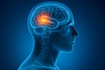 Man with optic nerve and link to stimulated brain region - X ray style 3D illustration with blue background
