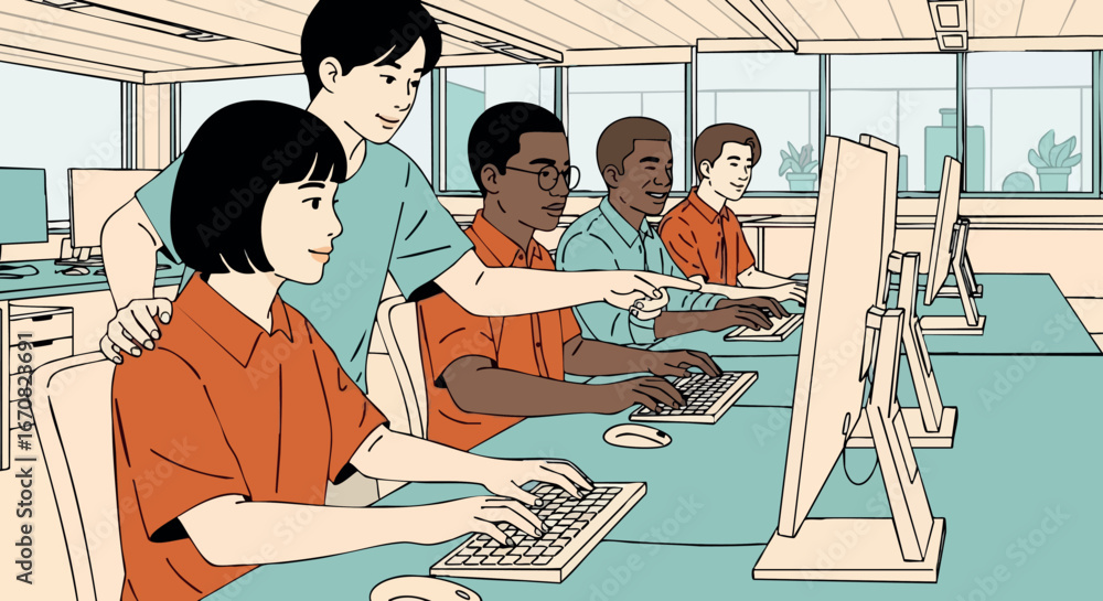 Aufkleber diverse group of office workers collaborating on computers in modern workplace environment