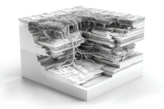 Cutaway 3D blueprint of a cliffside ecosystem with nesting zones, root anchoring layers, and wind erosion patterns. White background.