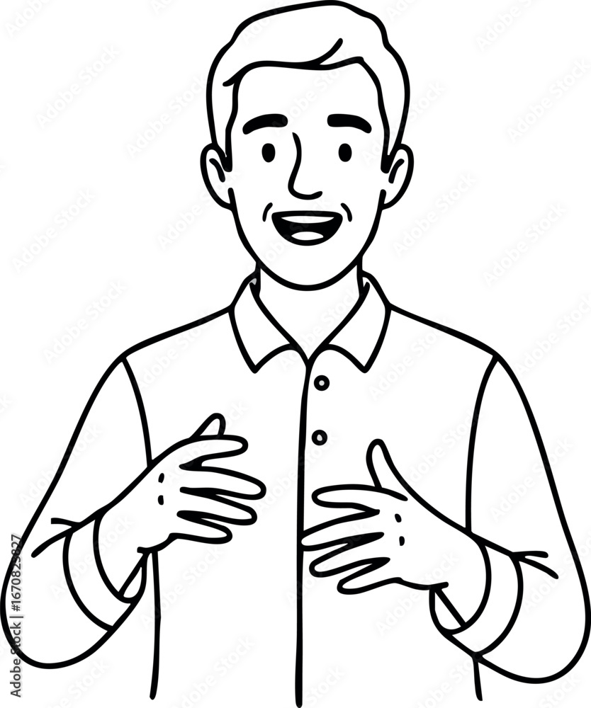 Poster smiling man explaining with hand gestures in simple black and white vector style illustration