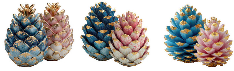 Fototapeta premium Decorative pine cones in pastel blue and pink with gold accents isolated on transparent background