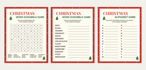 Christmas Printable Party Game Bundle Word Search, Word Scramble, Alphabet Game – Holiday Activity for Kids and Family
