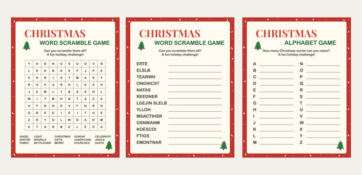Christmas Printable Party Game Bundle Word Search, Word Scramble, Alphabet Game &ndash; Holiday Activity for Kids and Family