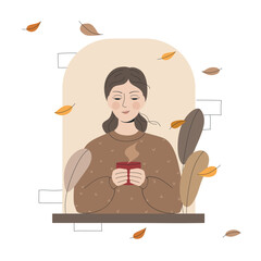 Cozy hand drawn illustration of a girl in warm sweater looking out window, holding steaming cup of coffee or tea. Autumn leaves flutter in the wind outside. Design for seasonal social media content.