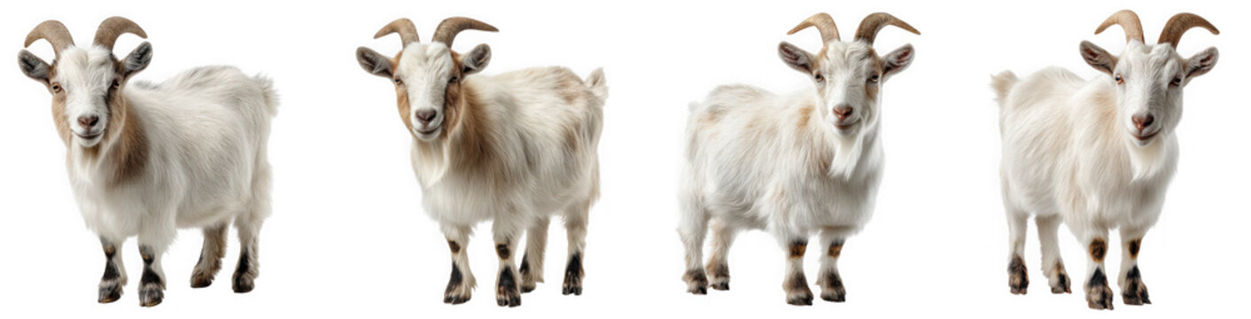 Four fluffy goats standing, isolated on transparent background