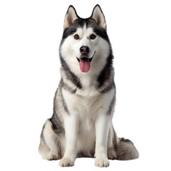 A happy Siberian Husky sits attentively, its tongue out, ready for adventure.