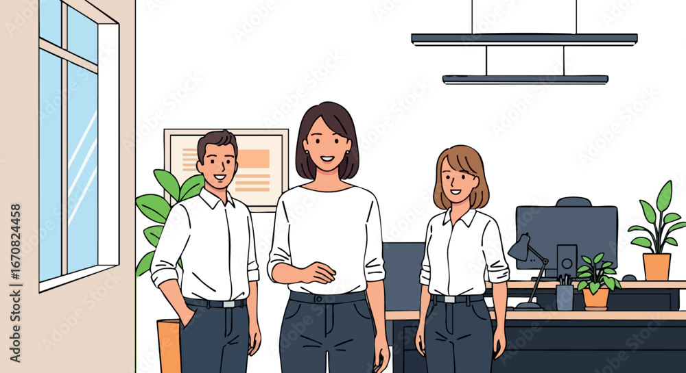 Poster business team standing in modern office environment with plants and computers in workplace vector de