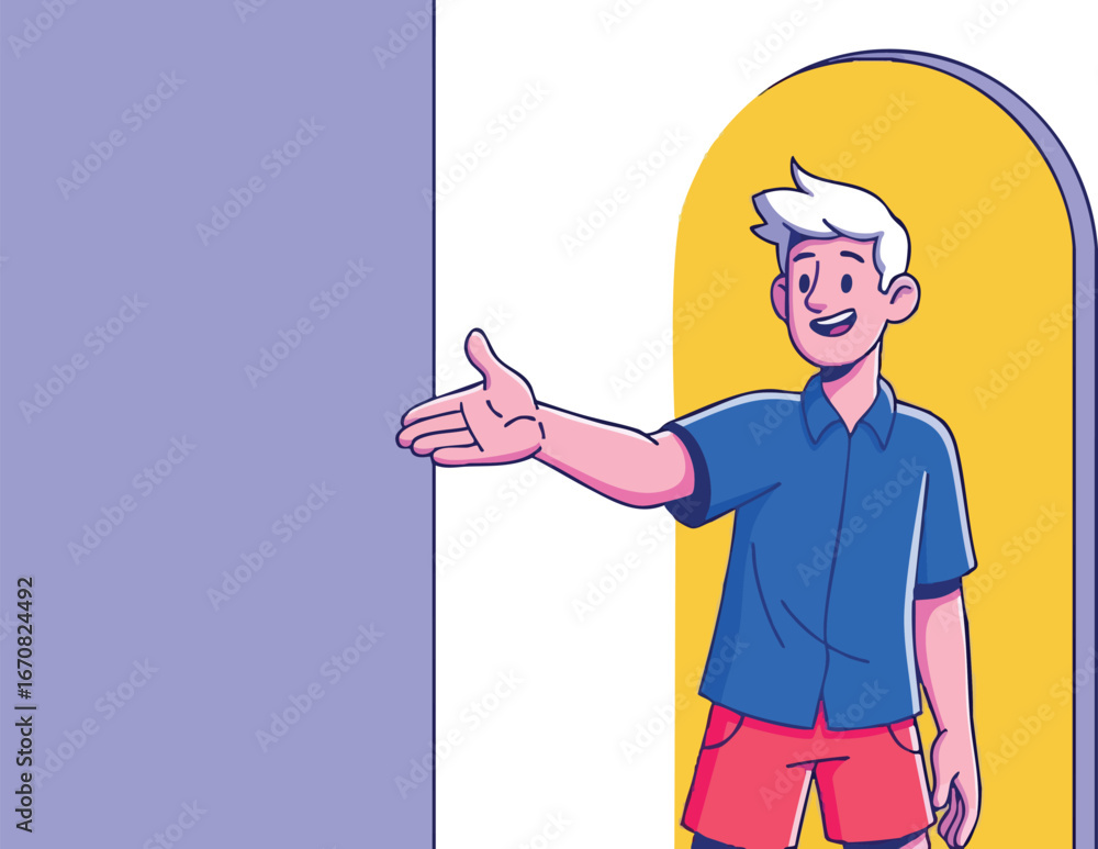 Poster young man welcoming with open hand gesture next to blank board for message or advertisement vector i