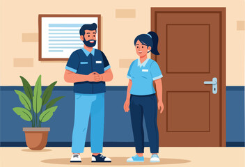 Two people talking inside room with wooden door and potted plant vector illustration