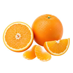 Juicy Orange Fruit Slices, Whole Orange, Segments Isolated on Black Background