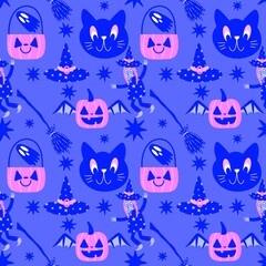 Halloween witch seamless cats pattern for wrapping paper and fabrics and linens and kids clothes print
