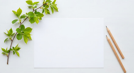 Blank paper with pencils and vibrant green leaves, perfect for creative design, invitations, and natural branding concepts
