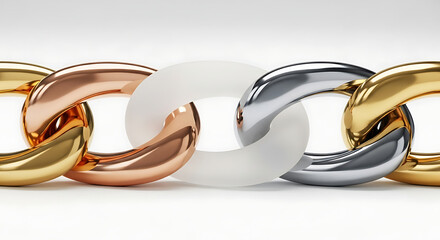 Interlocking chain links in gold, silver, rose gold, and frosted glass, representing unity, connection, and strength