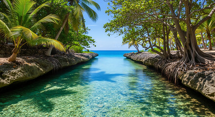 Crystal clear turquoise water channel leading to the ocean, tranquil tropical paradise with palm trees
