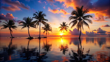 Fototapeta premium Sunset Over Calm Sea with Silhouetted Palm Trees