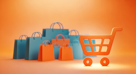 Vibrant shopping cart with gift bags ready for online retail, e-commerce, or holiday sales promotions