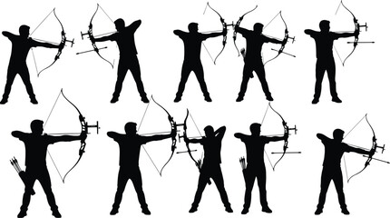 Obraz premium Silhouettes of male archers aiming and shooting with bows, vector set for archery, sport, and precision concepts