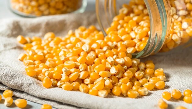 Close-up of dried corn kernels arranged on a piece of linen fabric, with light shining on the natural texture.