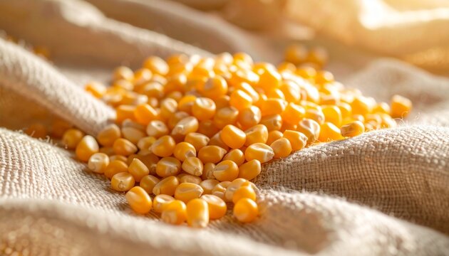Close-up of dried corn kernels arranged on a piece of linen fabric, with light shining on the natural texture.