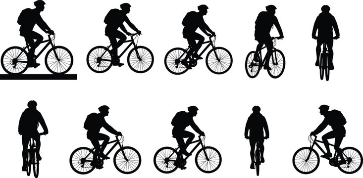 Cyclist silhouettes riding bicycles on flat terrain, outdoor activity, urban commuting, healthy lifestyle, backpack riders, vector black graphic