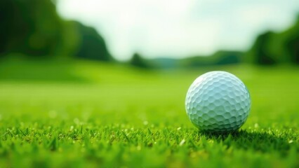 Obraz premium Golf ball on manicured green with ample copy space for text. Perfect for sports branding, tournament promotions or golf equipment advertising layouts