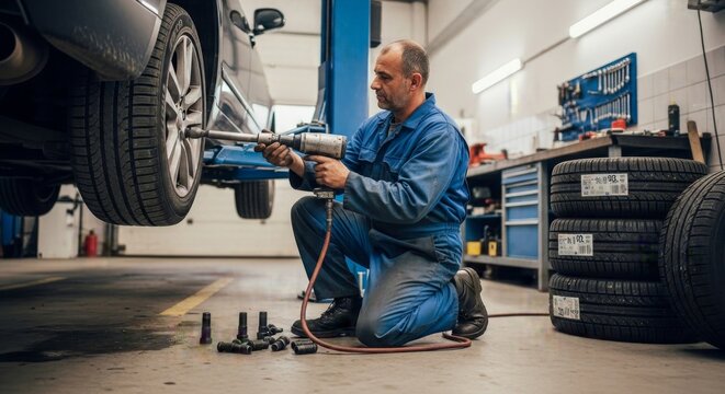 A skilled male professional mechanic working on a car tire in an automotive repair workshop, using a pneumatic wrench during vehicle service