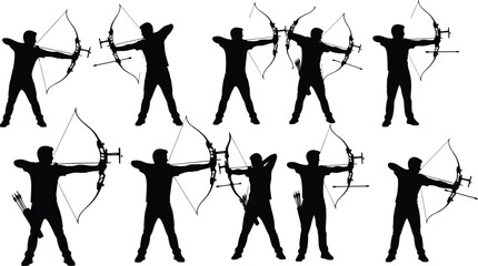 Obraz premium Silhouette of an archer shooting with a bow and arrow, archery sport, target practice, outdoor activity, athletic pose, aiming arrow