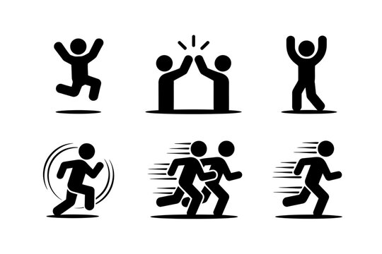 Collection of Stick Figure Pictograms Illustrating Action Movement Success Teamwork and Celebration on a White Background - Powered by Adobe