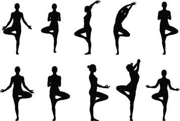 Women practicing yoga tree pose, various silhouette variations for mindfulness, balance, strength, fitness, meditation on white background