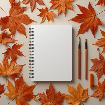 An open Notebook places on a table with antum leaves background 