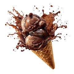 Chocolate Ice Cream Cone with Melted Chocolate Splash isolated on transparent background