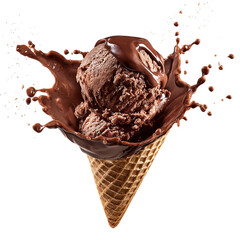 Chocolate Ice Cream Cone with Melted Chocolate Splash isolated on transparent background