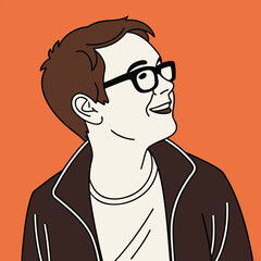 cartoon illustration of a happy young man with glasses and brown hair