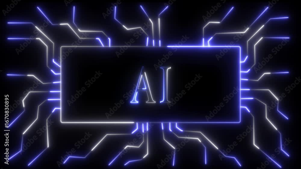 Poster blue or white color electronic circuit board with ai text. moving electronic circuit animation on bl