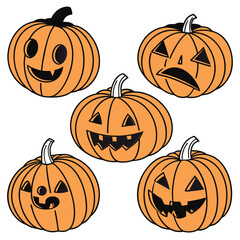 A group of five cartoon jack o lanterns with different happy and spooky faces