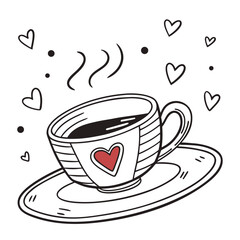 A cup of coffee with a heart on it and hearts around
