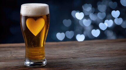A glass filled with golden ale, topped with heart-shaped foam, sits on a wooden table. This festive drink embodies love for beer on national beer lover’s day, inviting enjoyment and celebration