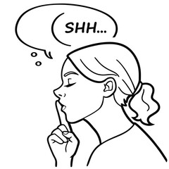 Woman telling someone to be quiet with finger on lips and speech bubble