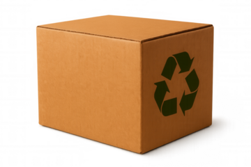 Cardboard box with recycling symbol promoting eco-friendly packaging and sustainable practices on a transparent background