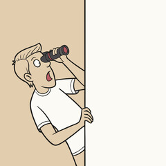 Man peeking around corner with binoculars in hand looking surprised