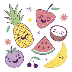 Colorful cartoon fruits with smiling faces on white background