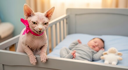 Sphynx cat in crib with sleeping baby and toy lamb