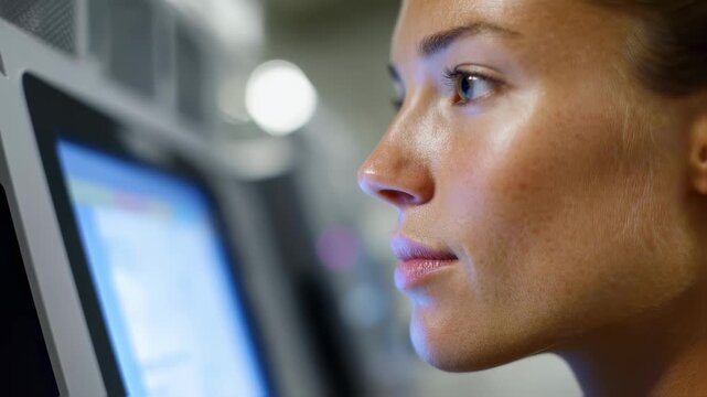 Side angle medium shot capturing employees profile while using breath acetone kiosk device display slightly out of focus highlighting personal health monitoring.