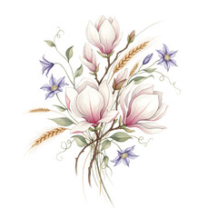 watercolor magnolia and clematis floral bouquet, elegant wedding invitation floral design, hand-painted rustic botanical arrangement