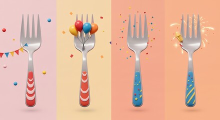 Festive colorful forks with balloons and confetti