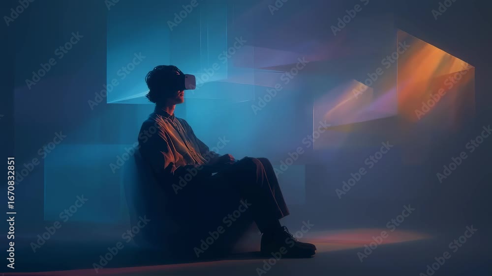 Poster medium frame capturing an individual seated comfortably with vr goggles ambient lighting casting sha