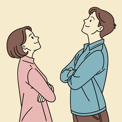 a cartoon man and woman standing and looking up with arms crossed smiling