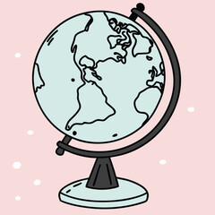 A simple illustration of a globe on a stand against a pink background with white dots